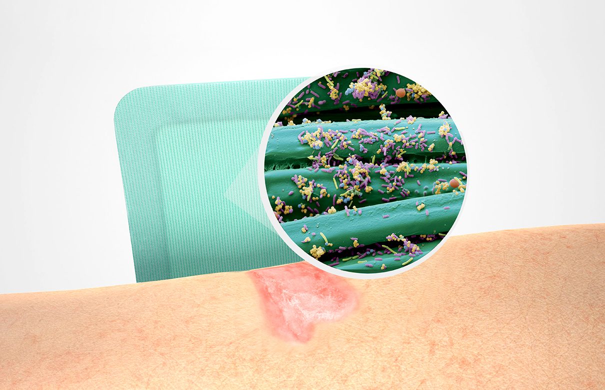 Illustration af Sorbact-bandage, der binder bakterier til sin overflade.