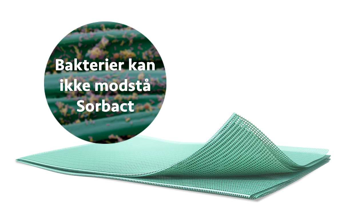 Billede af Sorbact-bandage med bakterier i baggrunden. Tekst i billede: Bakterier kan ikke modstå Sorbact.