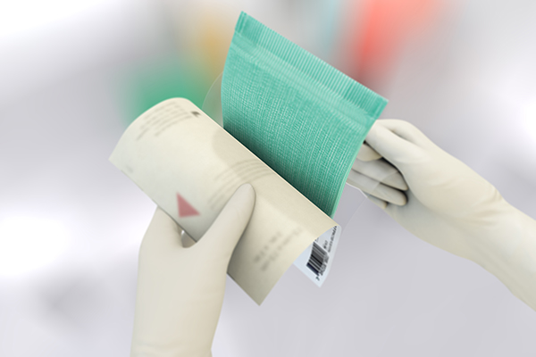 Two illustrated hands instructing how to open a Sorbact superabsorbent dressing package.