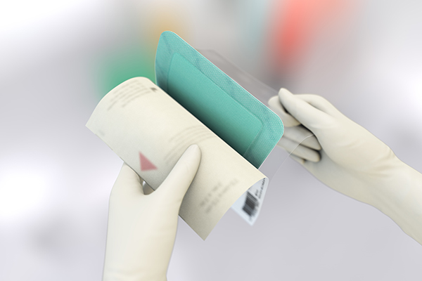 Two illustrated hands instructing how to open a Sorbact superabsorbent dressing package.