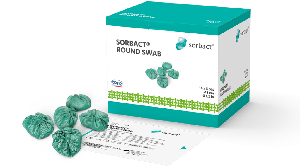 Sorbact Round Swab product with primary and secondary product packaging